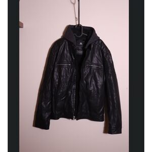 Rock & Republic Faux Leather Jacket Mens Large Hooded Biker